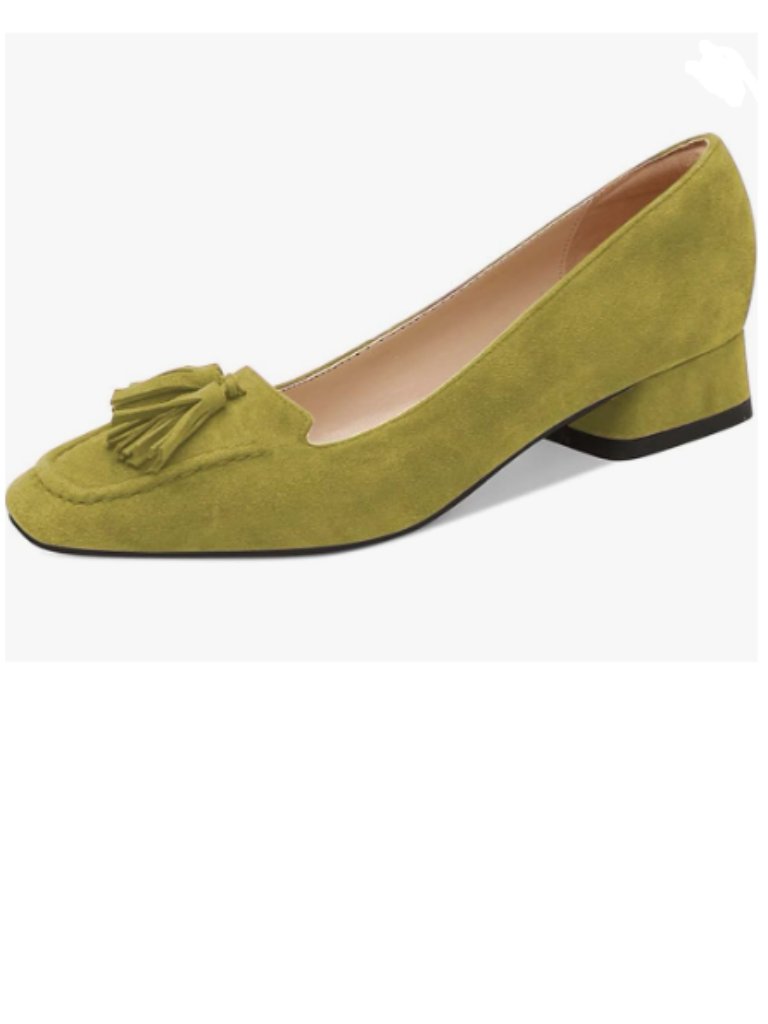 Ydn Olive Block Low Heel Loafer Square Toe Tassel Fringe Pump Slip On Dress Shoe